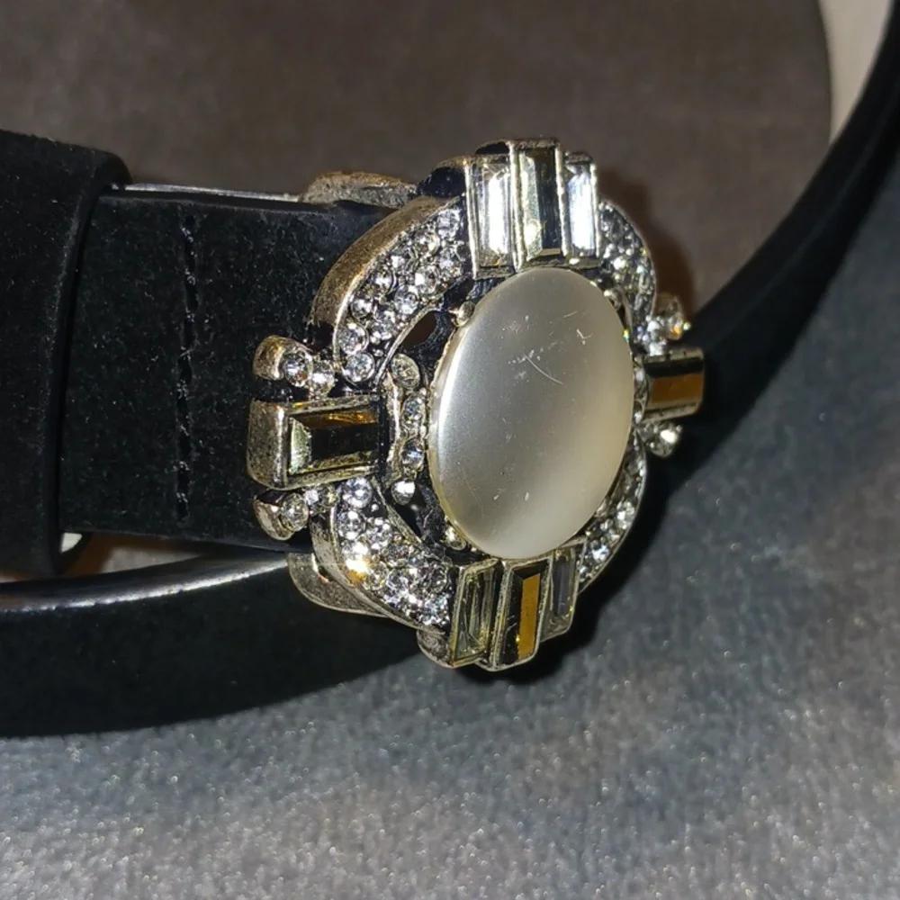 White House Black Market Black Belt with Pearl and Crystal Center Buckle